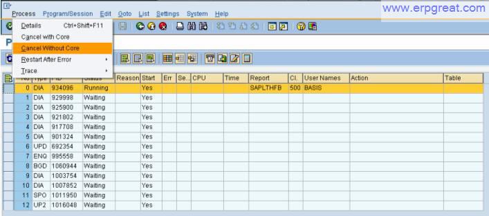 Transaction code SM50 - Cancel Withour Core