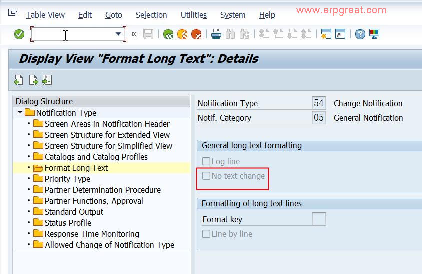 Maintenance Notification Long Text Change configuration screen in SAP